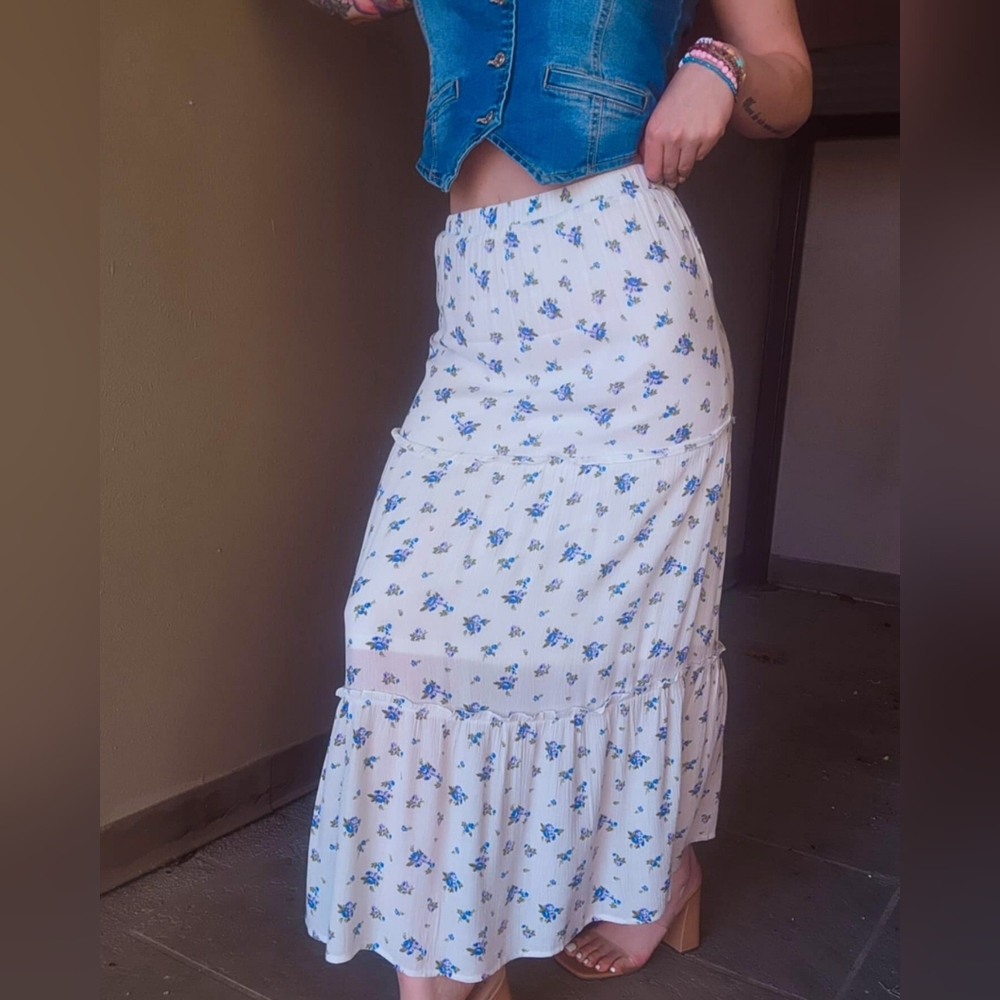 White Maxi Skirt with Blue Floral Print - Picture 3 of 8